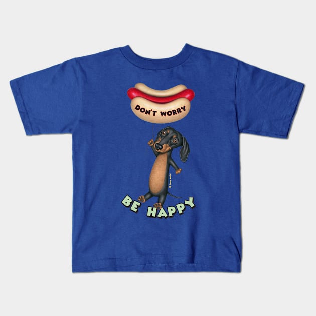 Funny Black and Tan Doxie with balloons Holding Hotdog Balloon Kids T-Shirt by Danny Gordon Art